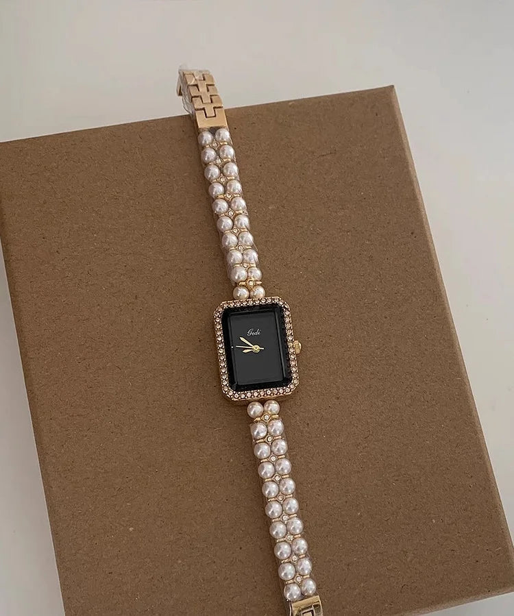 Luxury Black Metal Watch with Square Chain & Pearl Details