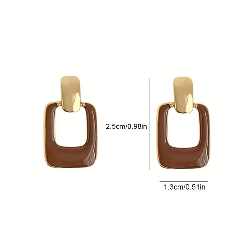 Vintage Brown Jewelry Box Set – Gold-Plated KC Metal Earrings with Rectangular & Teardrop Design for Timeless Elegance