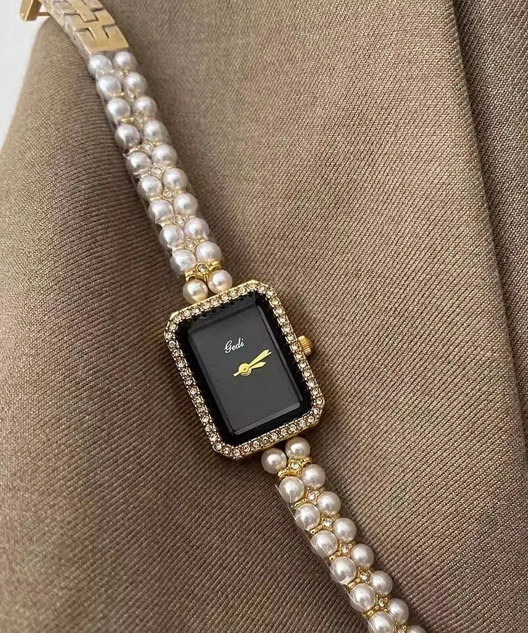 Luxury Black Metal Watch with Square Chain & Pearl Details