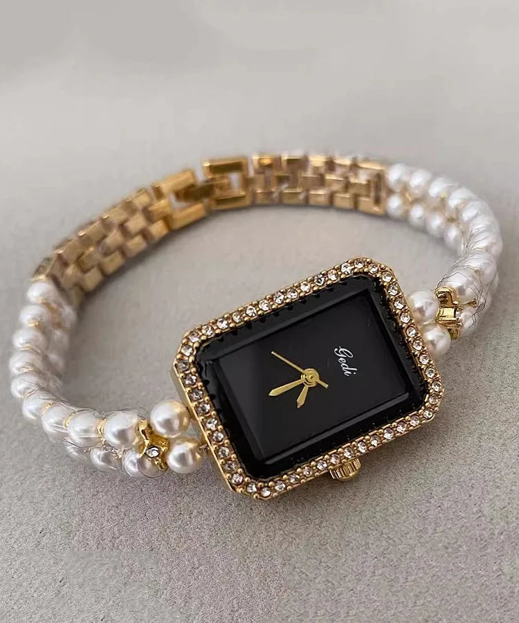 Luxury Black Metal Watch with Square Chain & Pearl Details