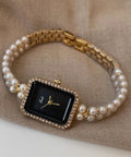 Luxury Black Metal Watch with Square Chain & Pearl Details
