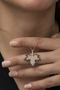 Sterling Silver Sycamore Leaf Necklace with Crystal Stone – 925k Rose Gold Finish